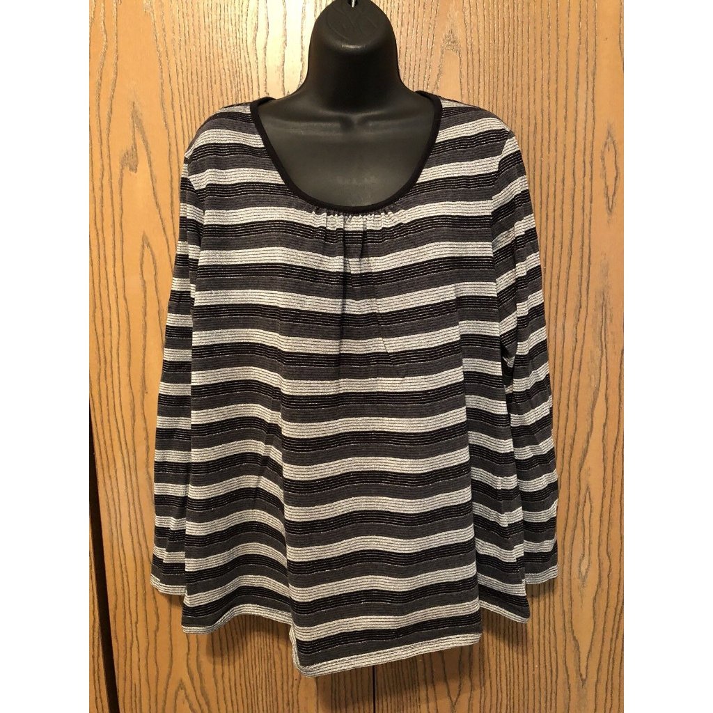 Sag Harbor Top Women Plus Size 1x Long Sleeve Black Gray Silver Striped Metallic